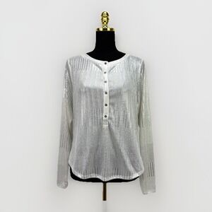 Pilcro Anthropologie Andie Ribbed Henley Top Silver Metallic Party‎ Holiday L?